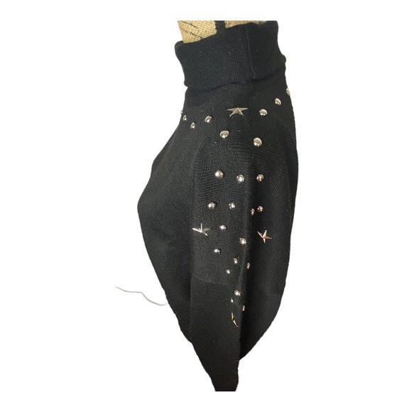 Vintage 80's Meister Large Black Wool Blend Silver Star Studded Sweater Turtlnec - Picture 4 of 12